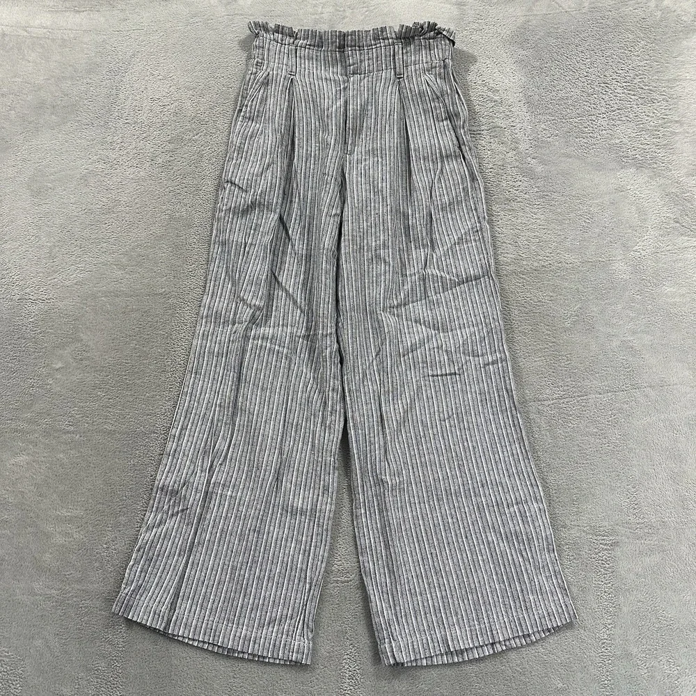 Banana Republic Pants Women's 0 Wide Leg High Rise Linen Blend Light Blue Stripe
